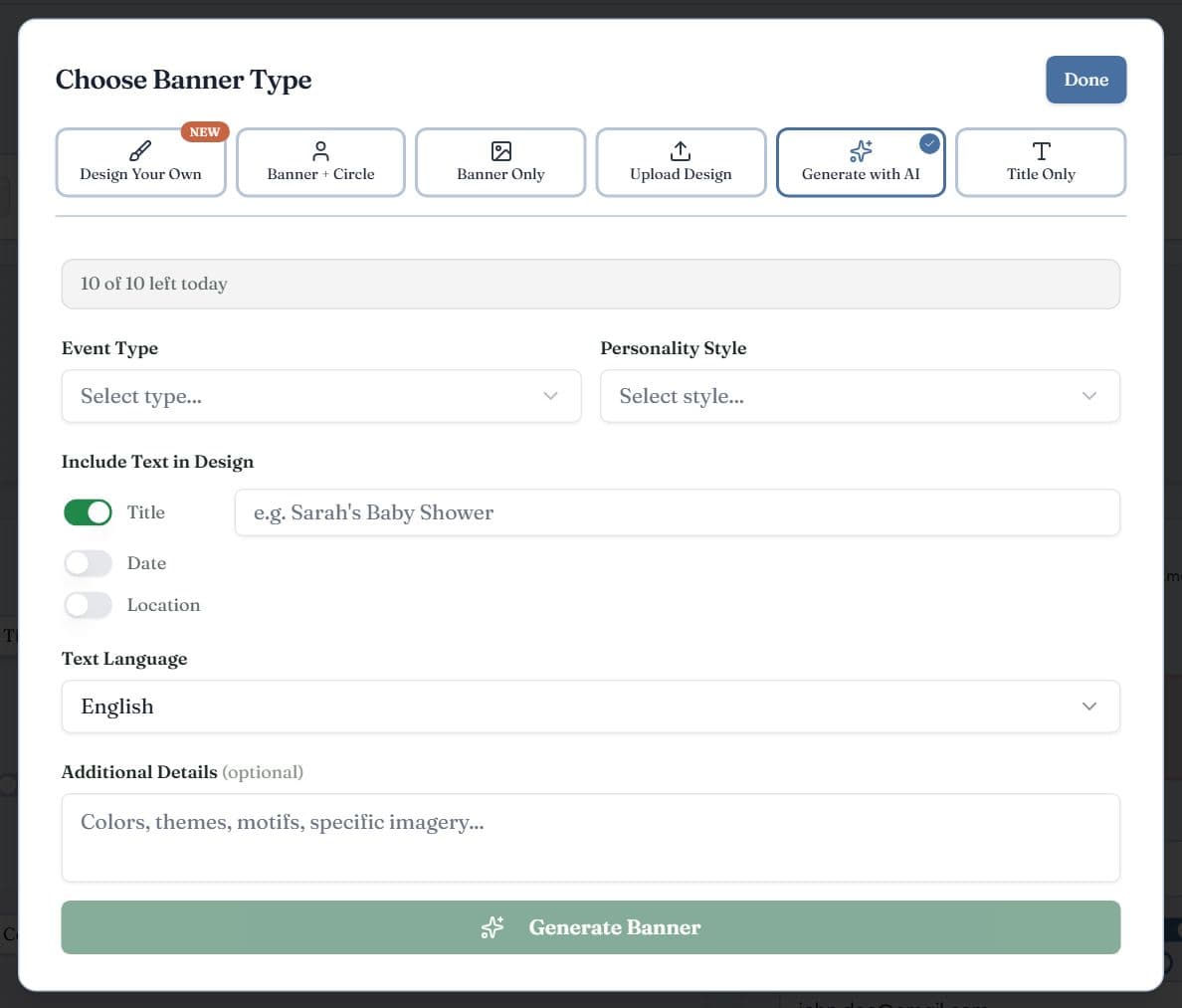 The Generate with AI banner form with fields for event type, personality style, text to include, language and extra details