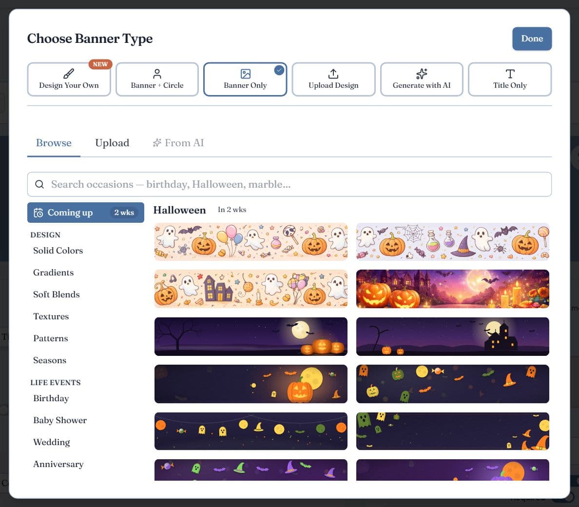 The banner library in RSVPlinks with a search box, a Coming up section for Halloween and categories for colors, gradients, textures and life events