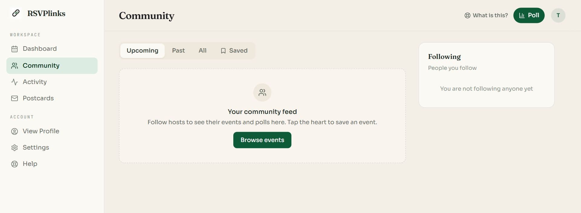 The Community page with Upcoming, Past, All and Saved filters, an empty feed and a Following list