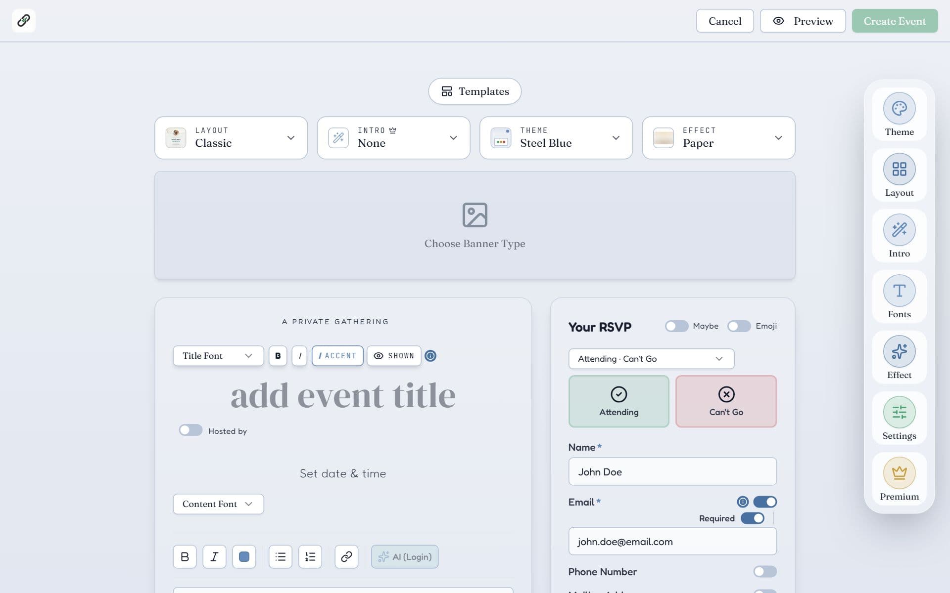 A new blank event in the RSVPlinks editor with the banner area, title field, date line and RSVP form preview