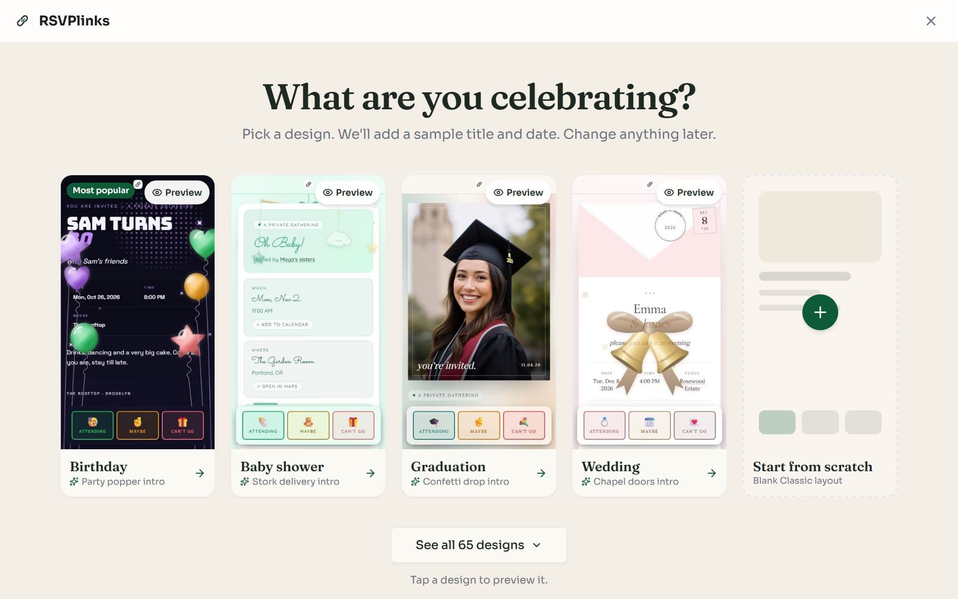 The RSVPlinks design picker showing Birthday, Baby shower, Graduation and Wedding designs and a Start from scratch card