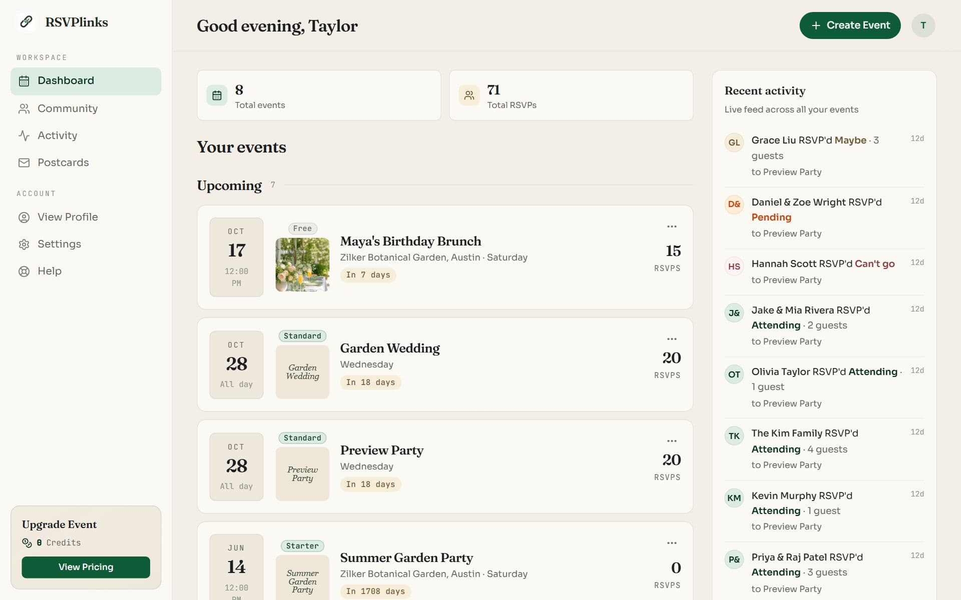 The RSVPlinks dashboard with the navigation pane, Total events and Total RSVPs cards, a list of upcoming events and a recent activity feed