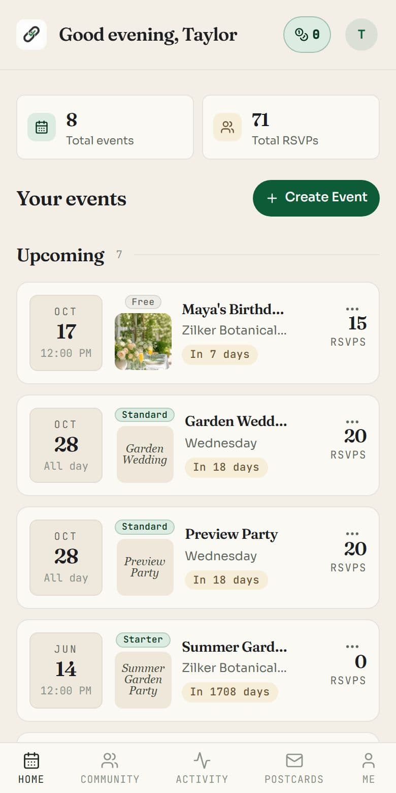 The RSVPlinks dashboard on a phone with event cards and a bottom navigation bar