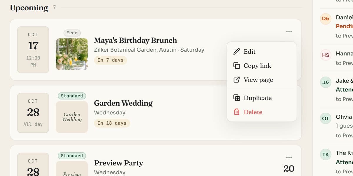 The three-dot menu on an event card with Edit, Copy link, View page, Duplicate and Delete