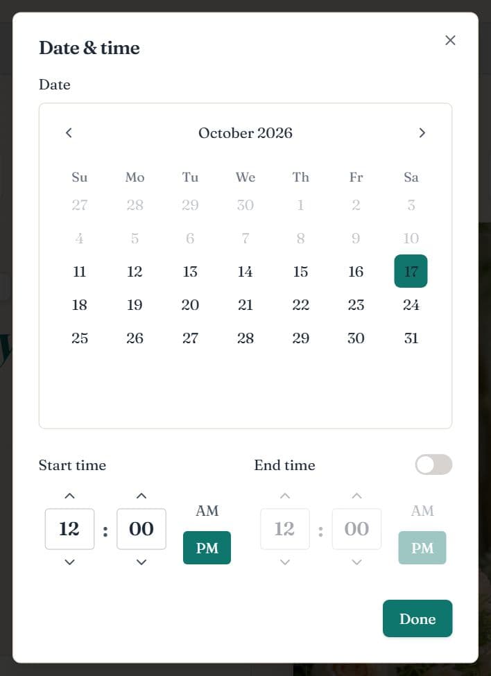 The Date and time dialog with a calendar, start time and optional end time