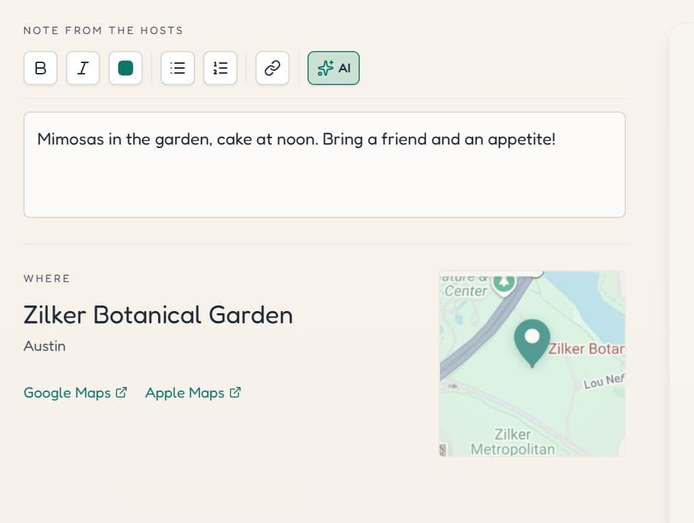 The description editor with formatting buttons and an AI button, and the location with a map and Google Maps and Apple Maps links