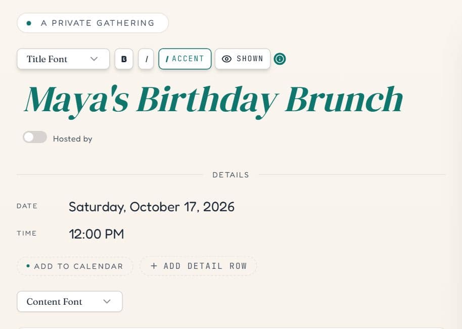 The title, Hosted by switch, date, time, Add detail row button and Content Font menu in the event editor