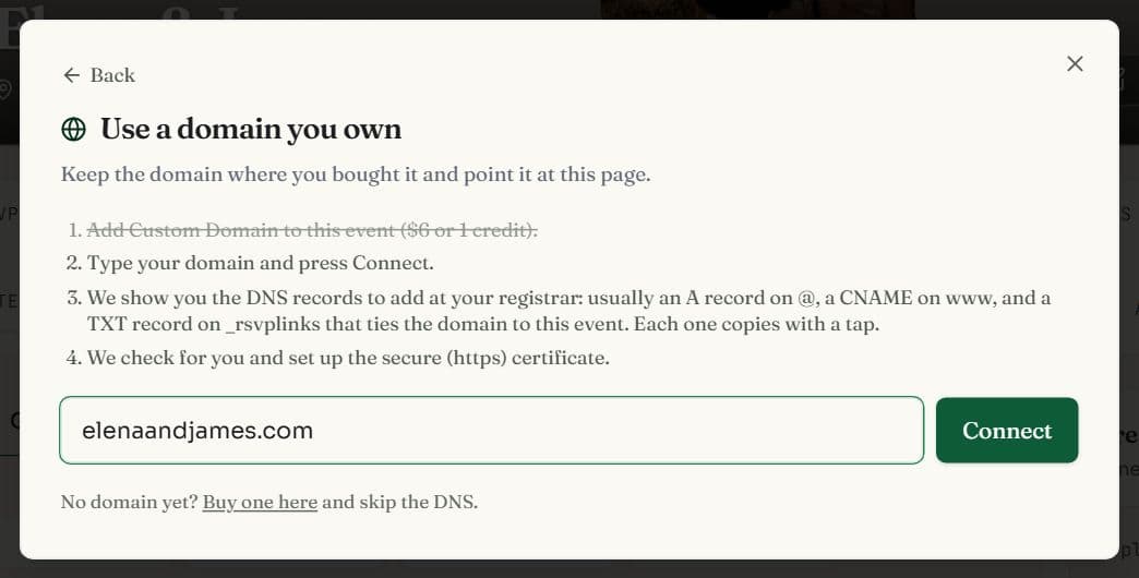 The Use a domain you own step of the custom domain dialog: four numbered steps, the domain elenaandjames.com typed in a box and a Connect button
