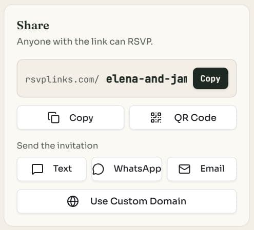 The Share card on the RSVPlinks event dashboard, with the event link, Copy, QR Code, Text, WhatsApp and Email, and a Use Custom Domain button at the bottom