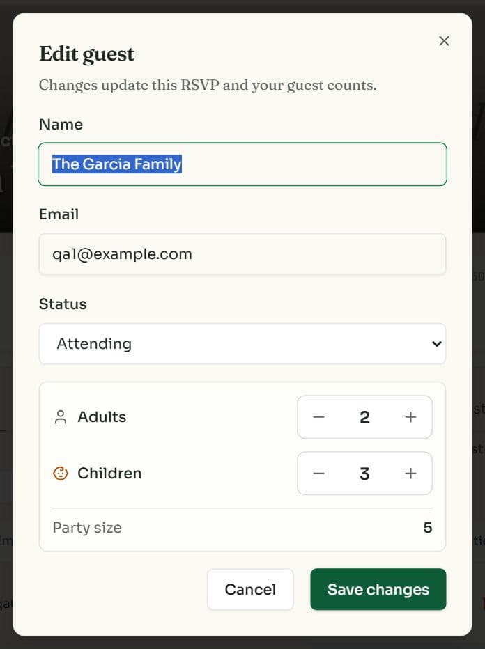 The Edit guest dialog with name, email, status and adult and child counters