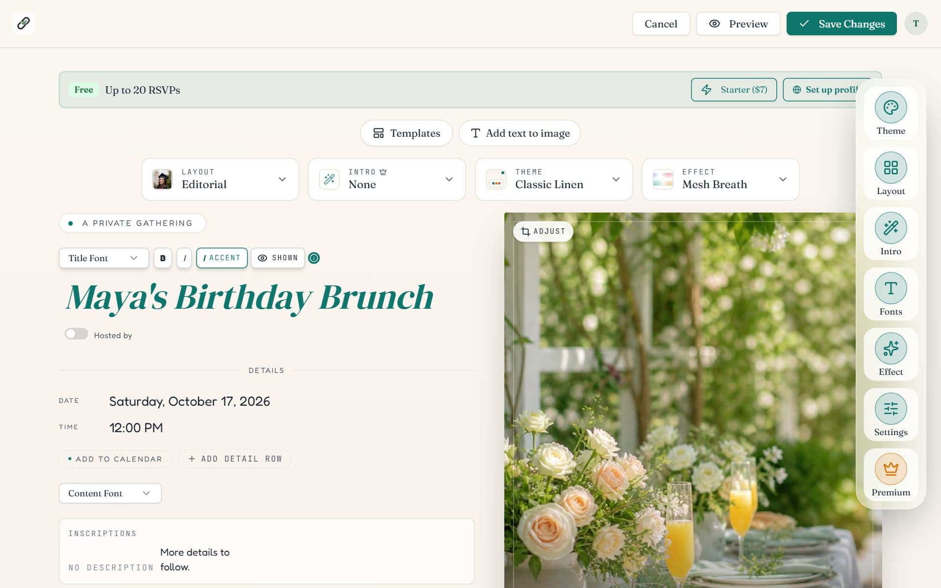The RSVPlinks event editor with the plan strip, Templates button, Layout, Intro, Theme and Effect pickers, the side rail and the Save Changes button
