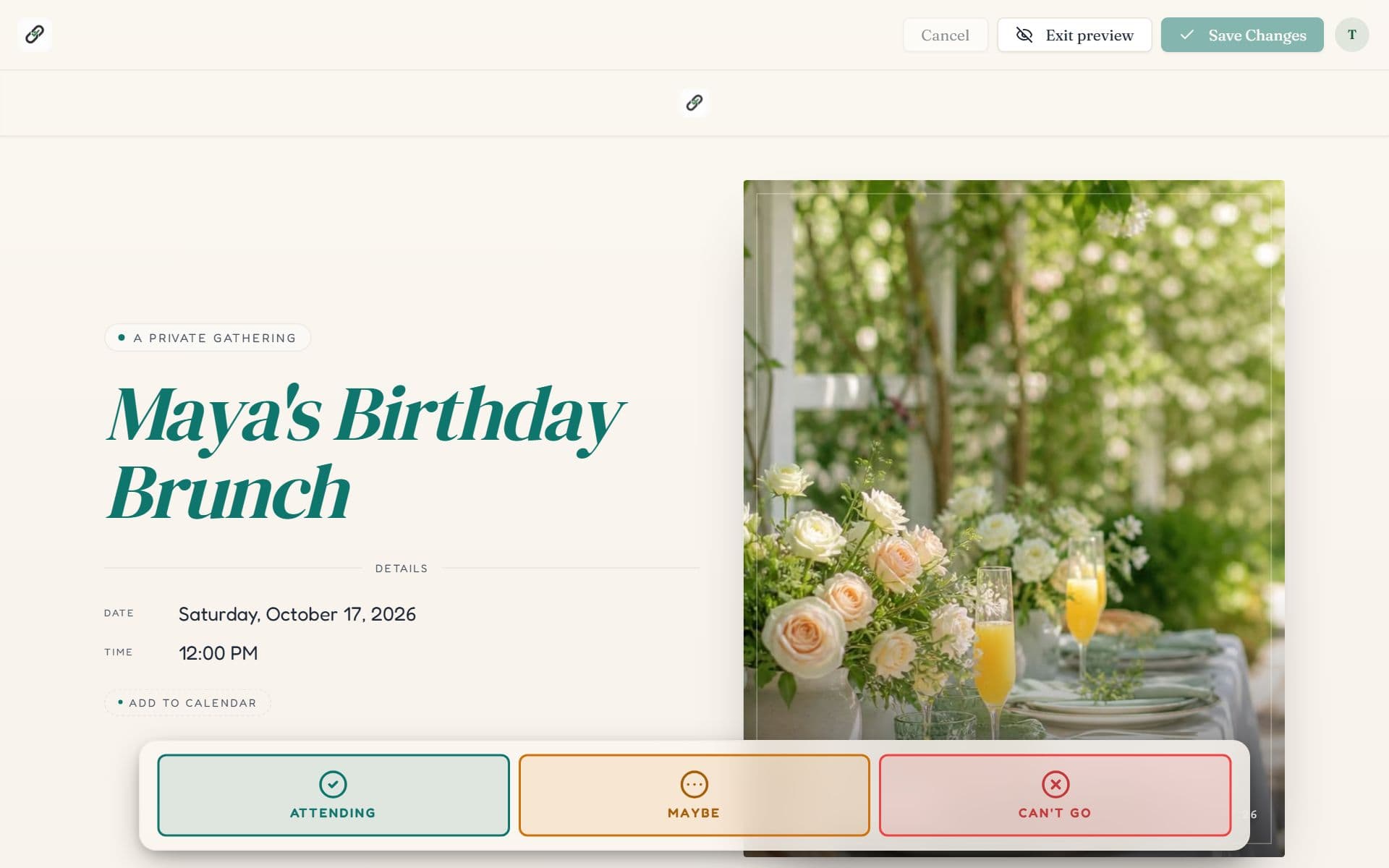 Preview mode in the RSVPlinks editor showing the event page as guests see it, with an Exit preview button