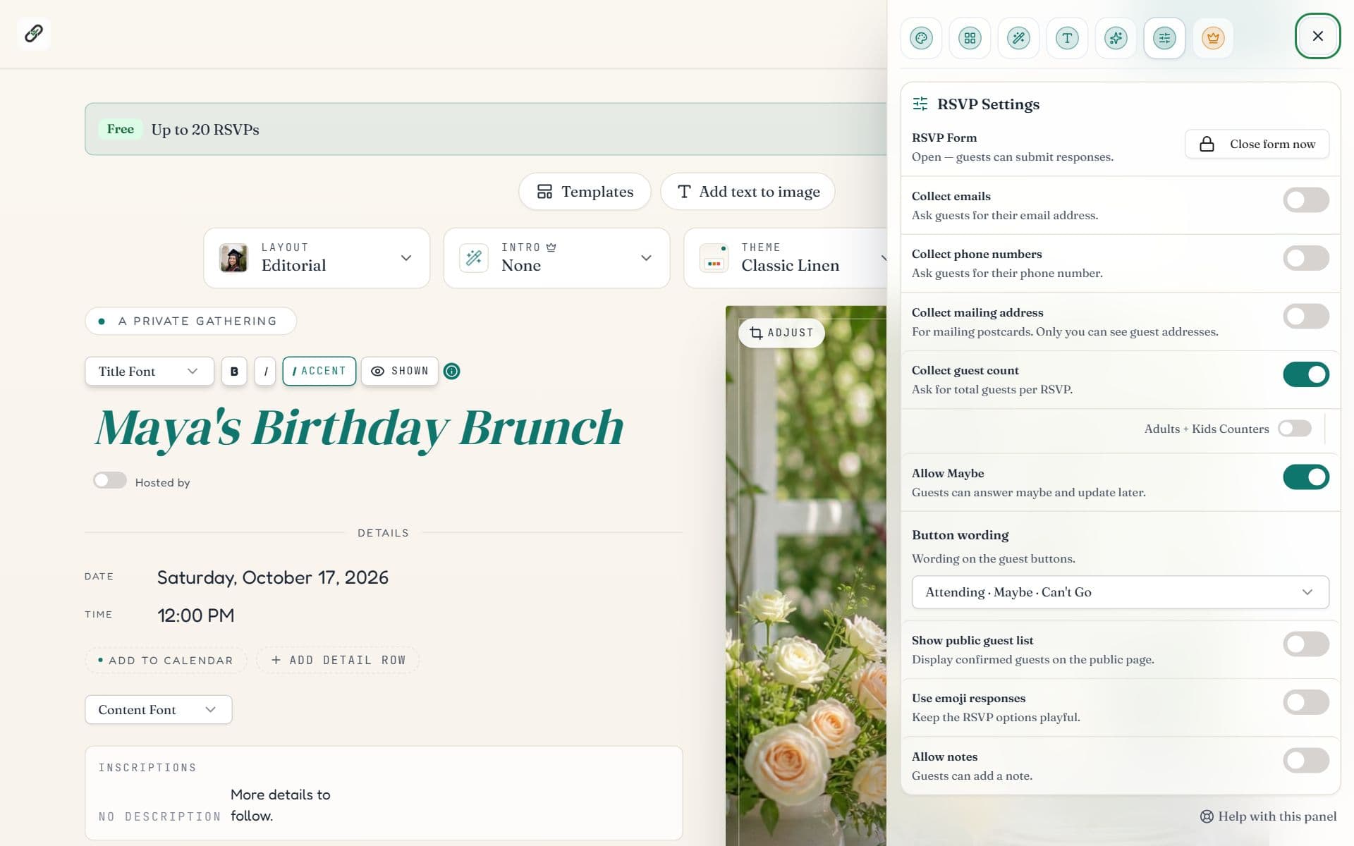 The RSVP Settings panel open in the event editor with switches for collecting emails, phone numbers, guest count and Maybe replies