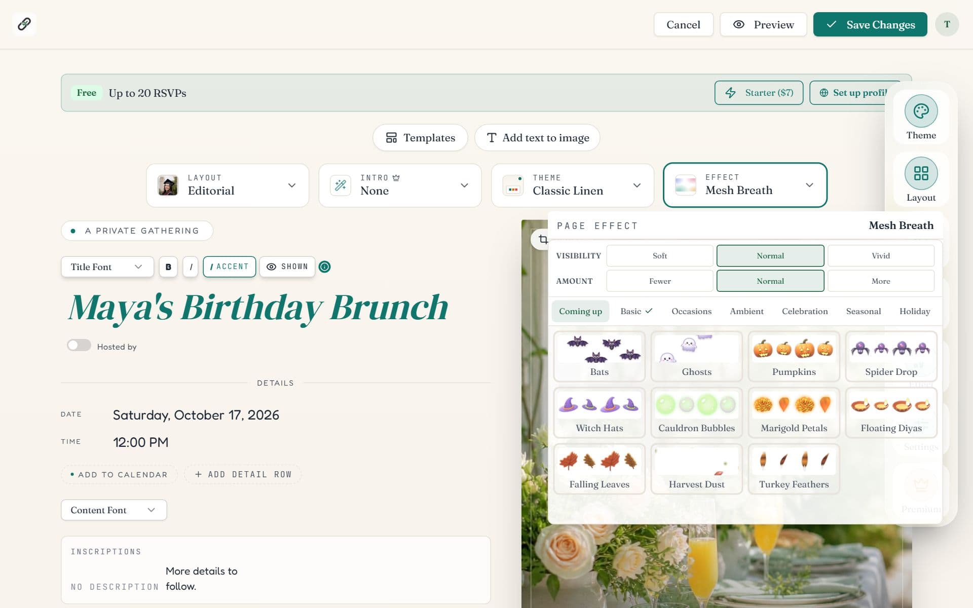 The Page effect picker open in the editor with Visibility and Amount controls, category tabs and effect tiles