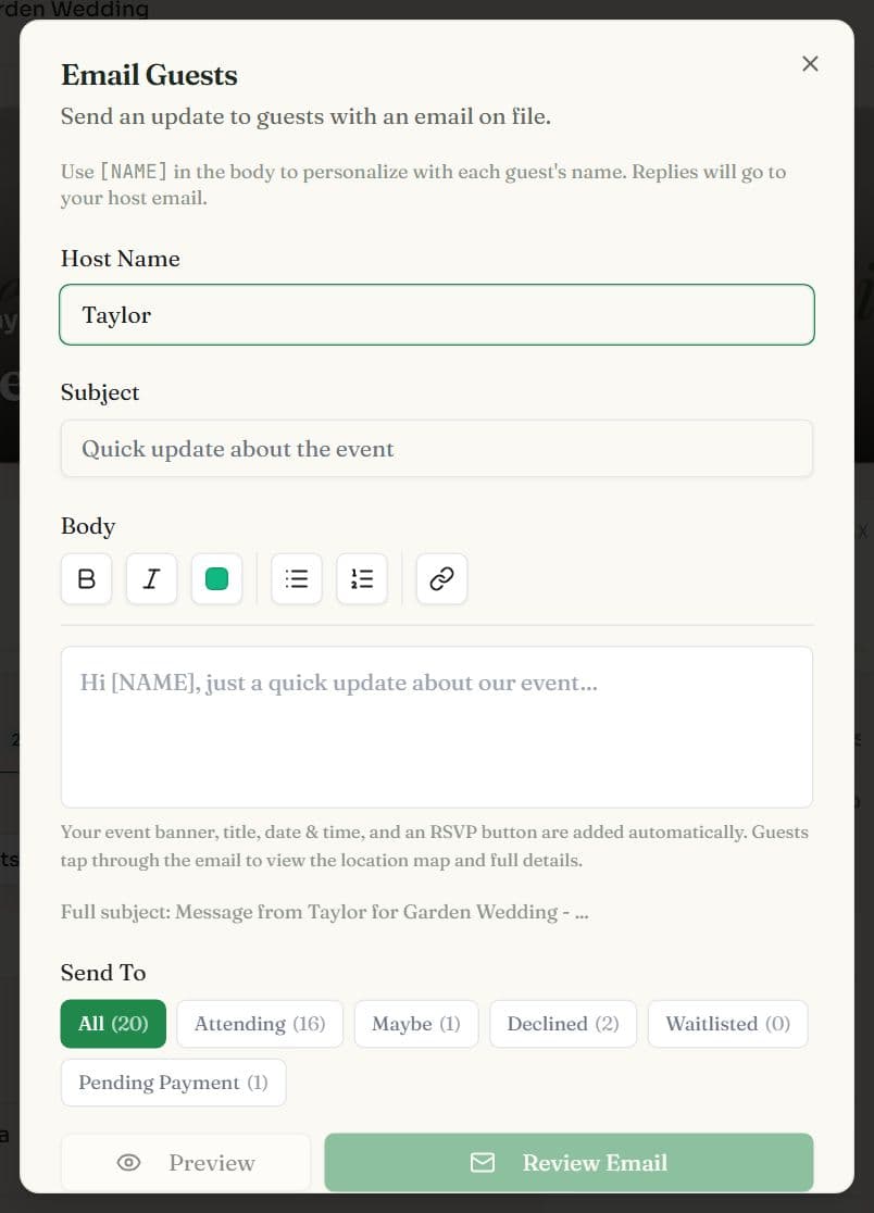 The Email Guests dialog with host name, subject, message body and Send To filters for Attending, Maybe, Declined and Waitlisted guests