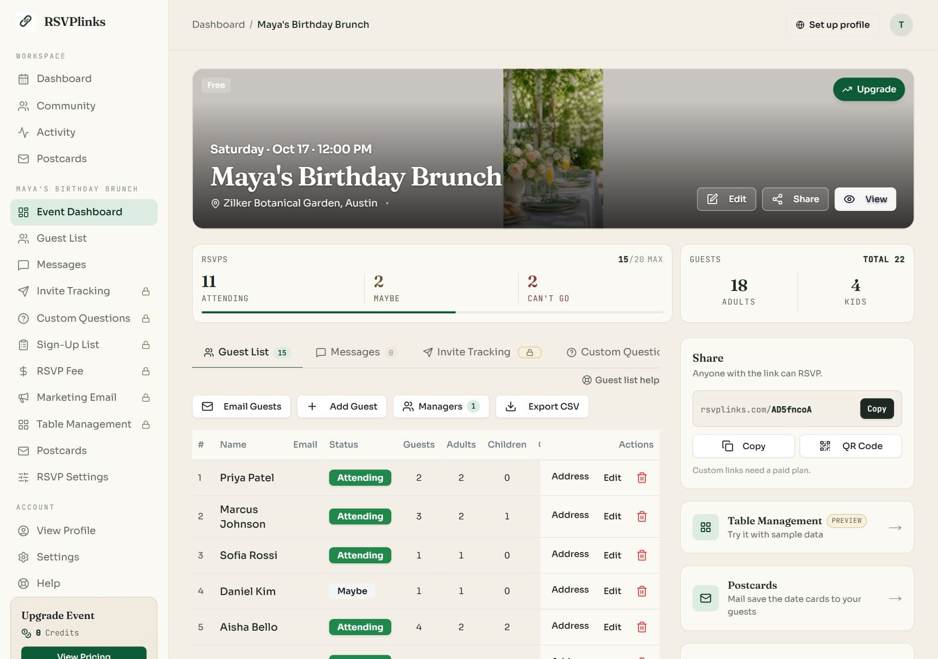 An event dashboard with the event navigation, cover with Edit, Share and View buttons, RSVP and guest counts, the guest list and the Share card
