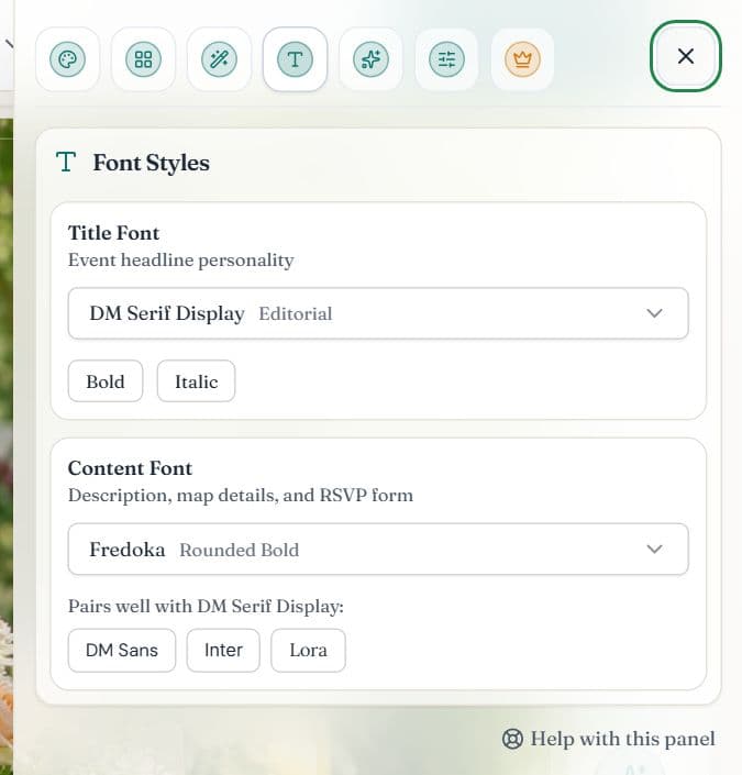 The Font Styles panel with a Title Font menu, Bold and Italic buttons, a Content Font menu and suggested pairings
