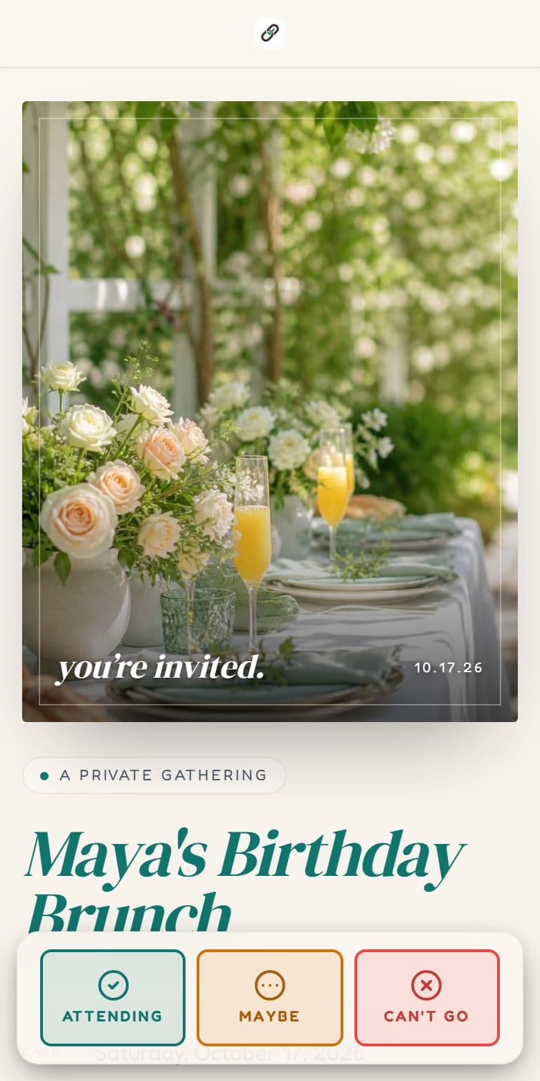 An RSVPlinks invitation on a phone with a cover photo, the event title and Attending, Maybe and Can't Go buttons