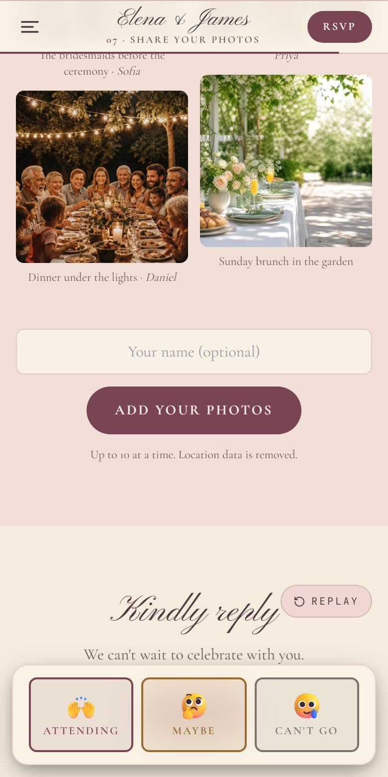 The Share your photos section of a wedding website on a phone: guests' photos with captions, a name box and an Add your photos button