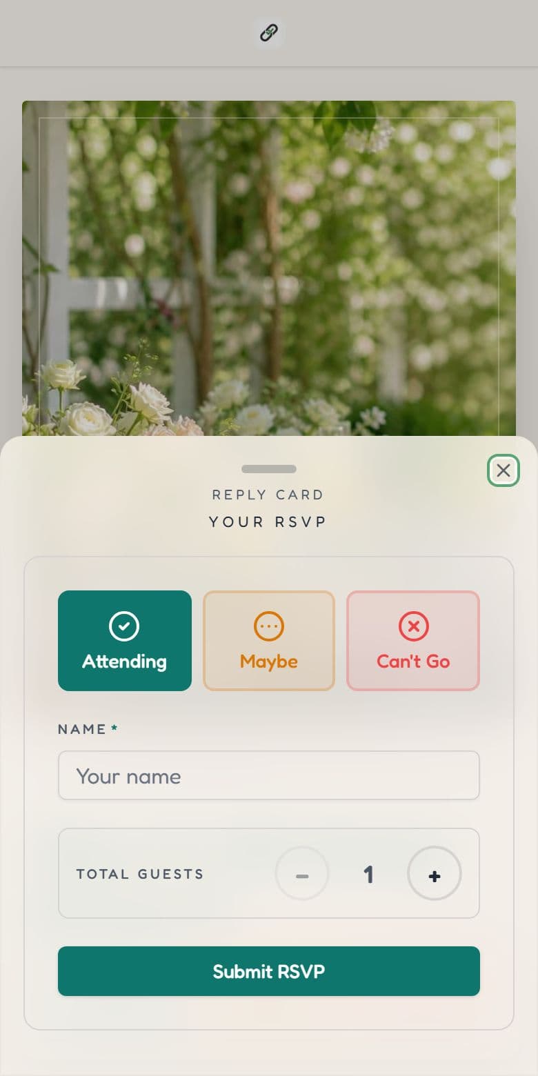 The RSVP form on a phone with Attending selected, a name field, a guest counter and a Submit RSVP button