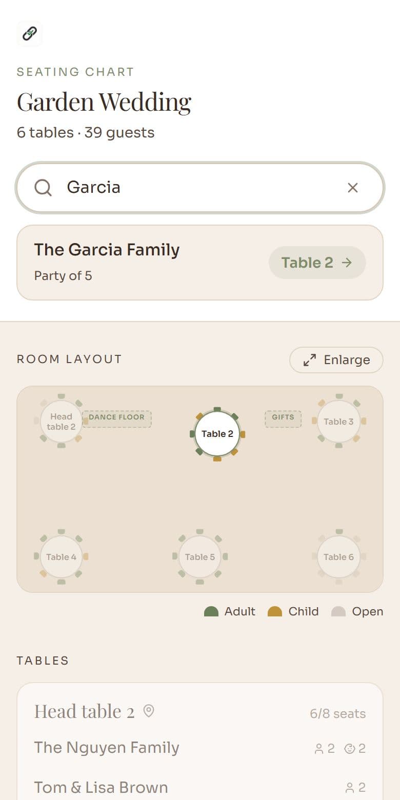 A seating chart page on a phone with a name search showing The Garcia Family at Table 2 and a room layout