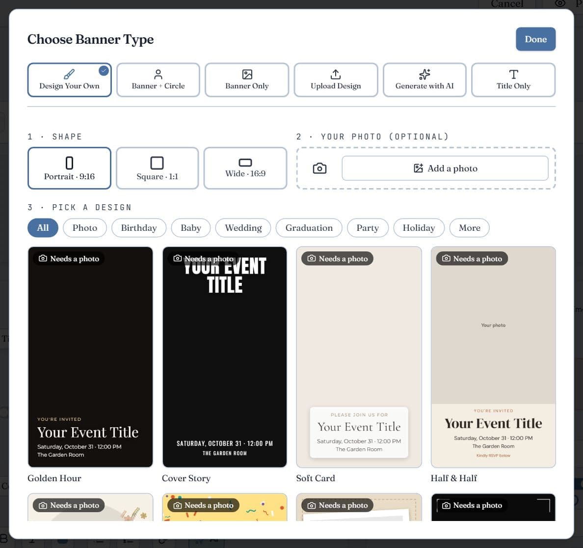 The Design Your Own picker with shape choices, an optional photo upload and a grid of invitation designs