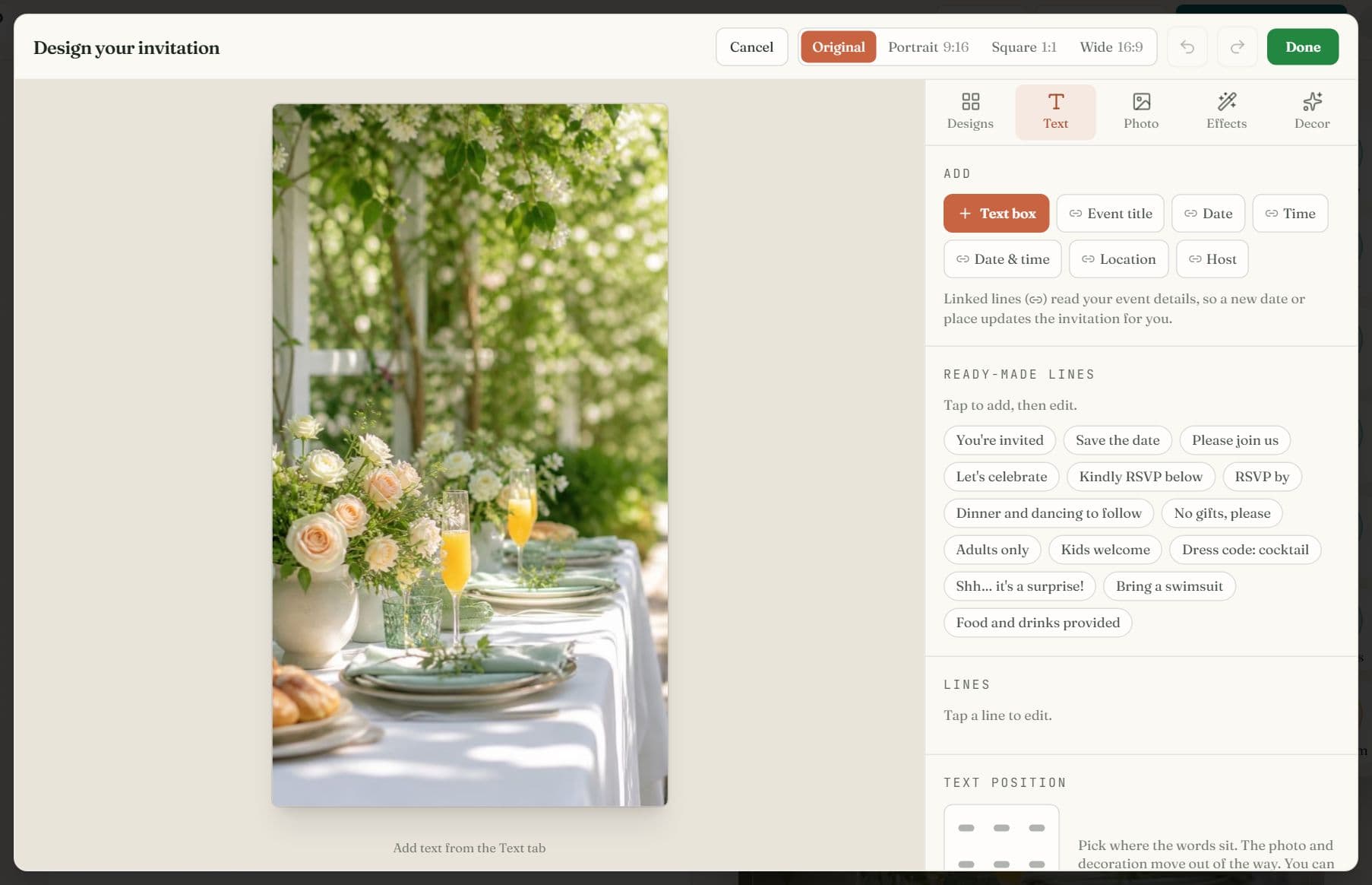 The invitation design studio with a photo preview and tabs for Designs, Text, Photo, Effects and Decor