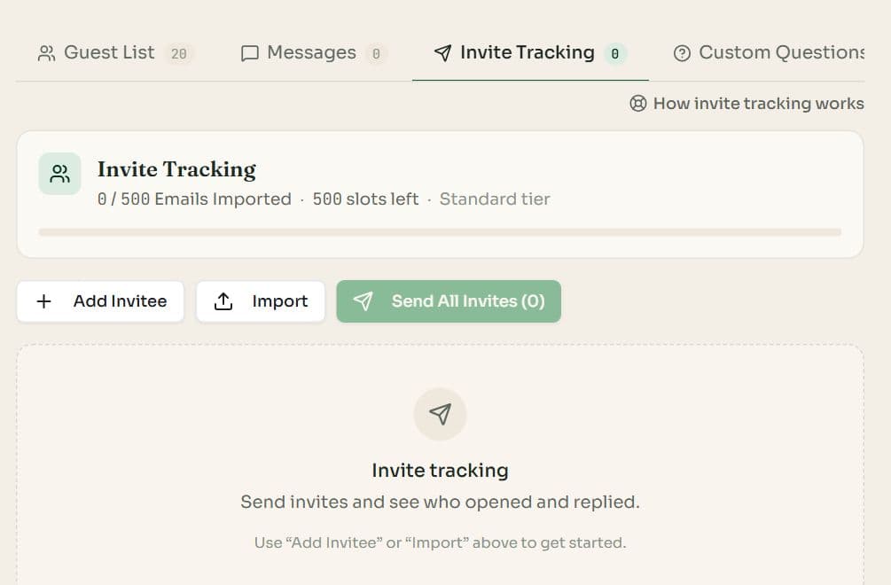 The Invite Tracking tab with Add Invitee, Import and Send All Invites buttons and a count of emails imported