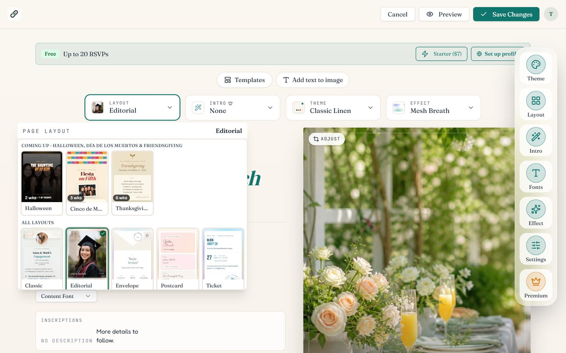 The Page layout picker open in the editor showing holiday layouts under Coming up and all layouts below