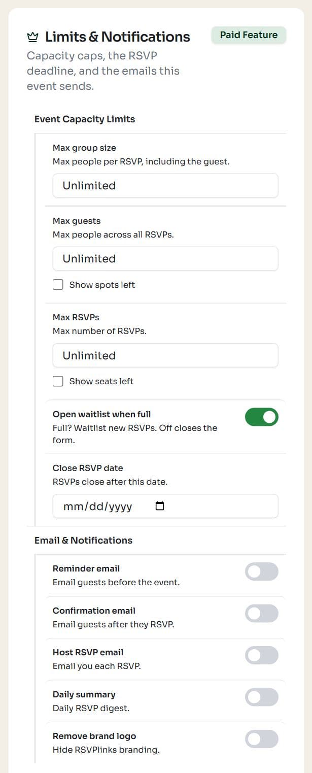 The Limits and Notifications card with max group size, max guests, max RSVPs, waitlist, close RSVP date and email notification switches