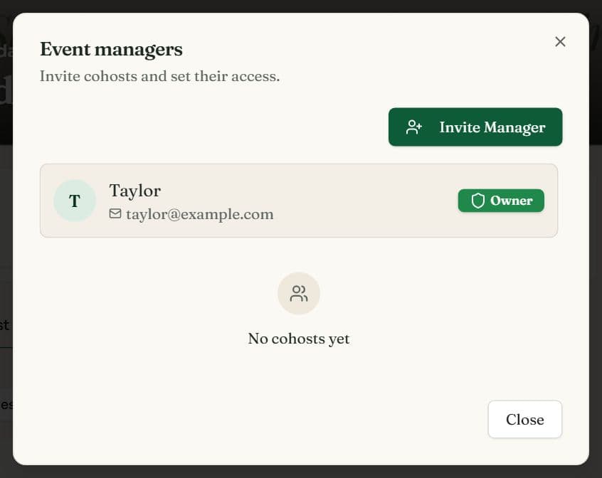 The Event managers dialog showing the owner and an Invite Manager button