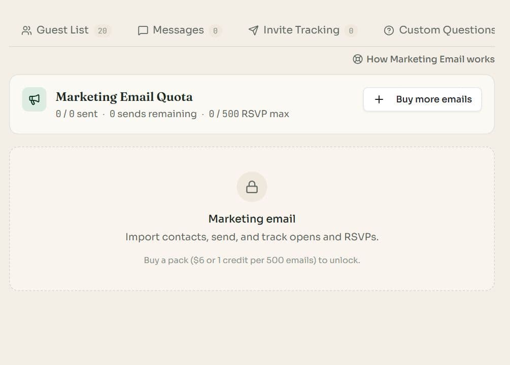 The Marketing Emails tab with a quota card showing sends remaining, a Buy more emails button and a locked notice