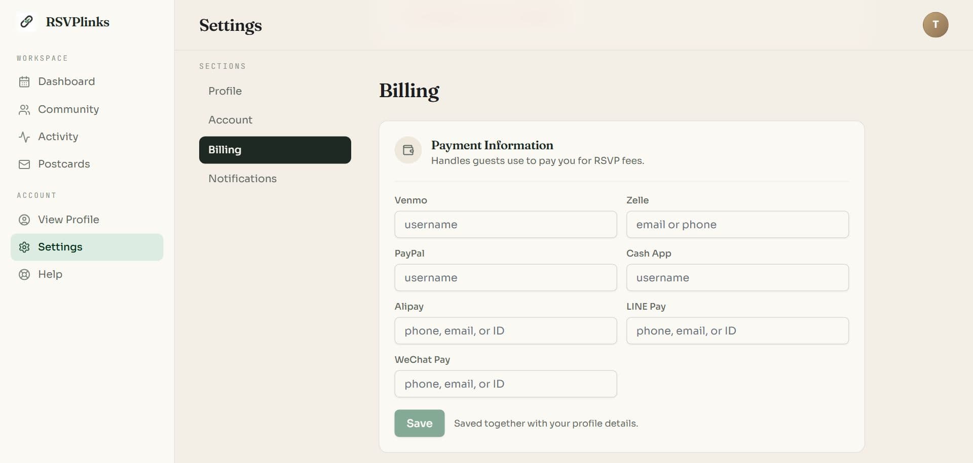 The Payment Information card in Settings with fields for Venmo, Zelle, PayPal, Cash App, Alipay, LINE Pay and WeChat Pay