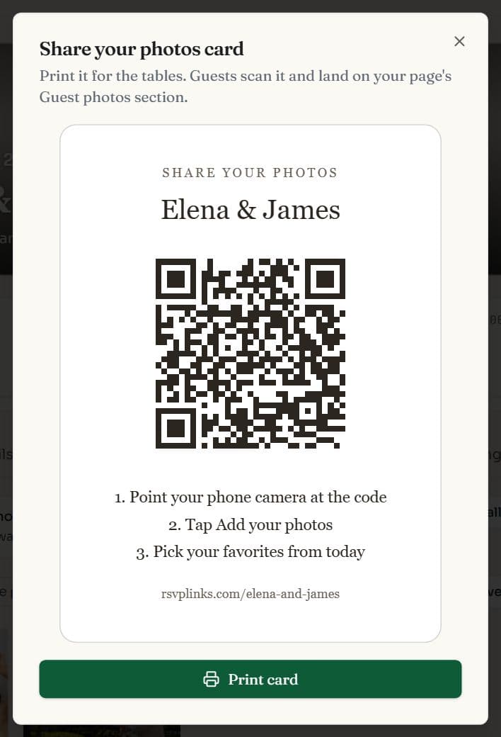The Share your photos card dialog: the event title, a QR code, three steps for guests and the page address, with a Print card button