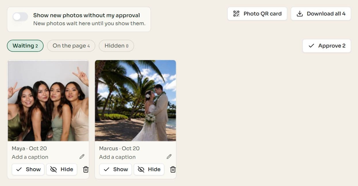 The Photos tab on the RSVPlinks event dashboard with the approval switch, Photo QR card and Download all buttons, filters, Approve 2 and two waiting guest photos