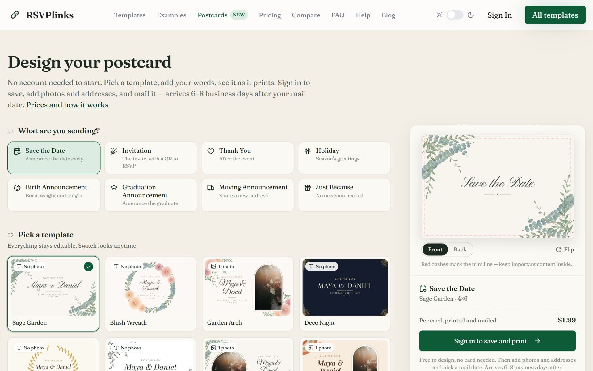 The postcard designer with card types, templates and a live preview of the front of a Save the Date card