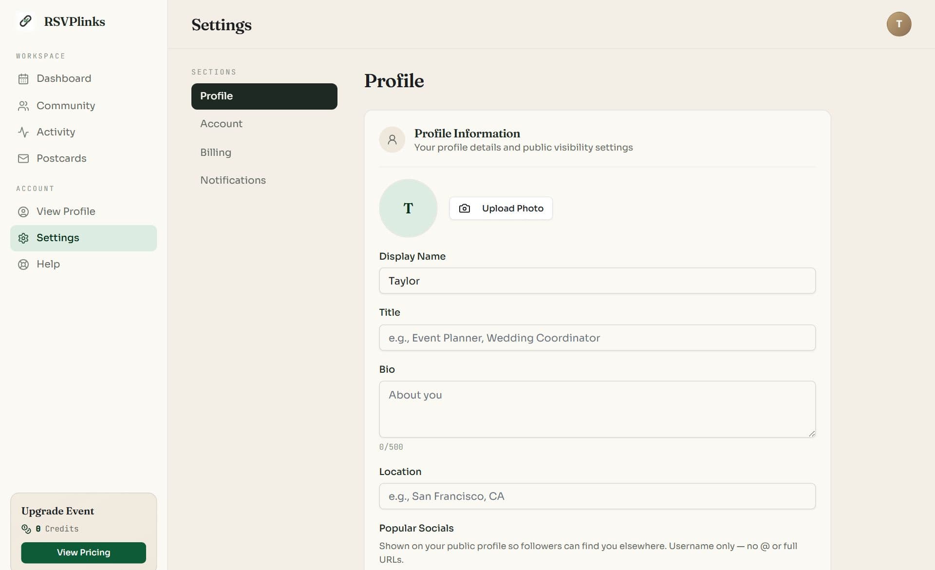 The Profile section of Settings with a photo upload, display name, title, bio and location fields