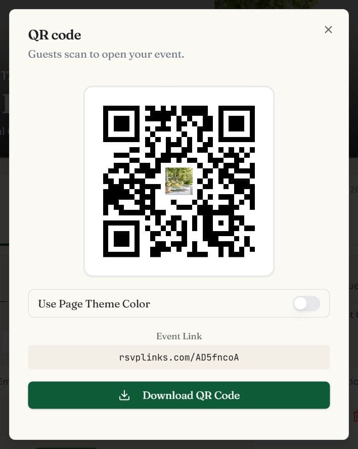 The QR code dialog with a scannable code, a Use Page Theme Color switch, the event link and a Download QR Code button