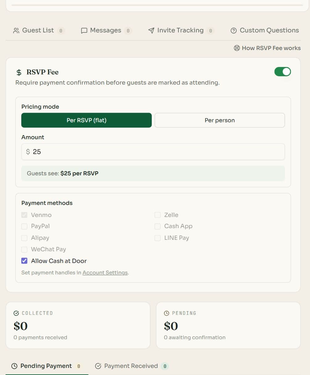 The RSVP Fee tab with the fee switched on, pricing mode, amount, payment methods, and Collected and Pending totals