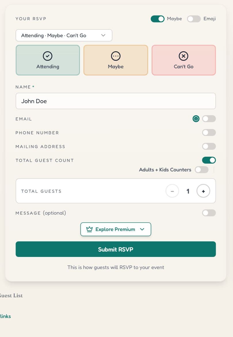 The RSVP form preview in the editor with Maybe and Emoji switches, a button wording menu and switches for email, phone, mailing address and guest count