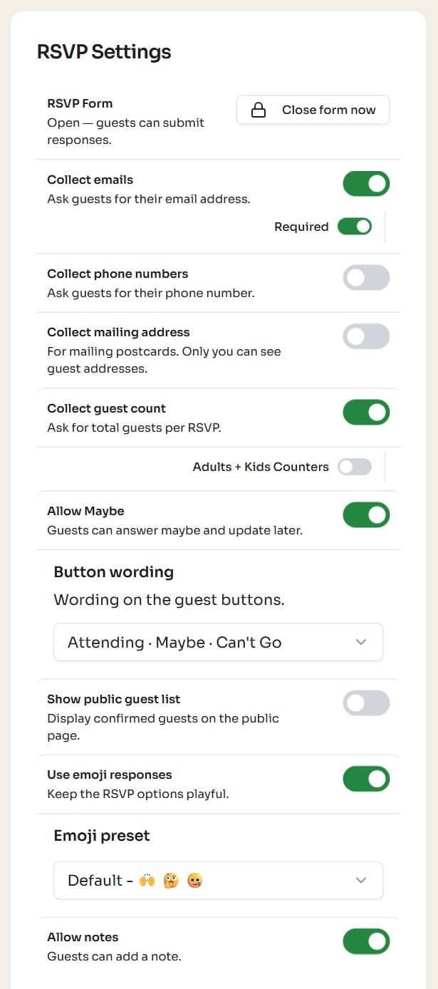 The RSVP Settings card on the event dashboard with switches for emails, phone numbers, mailing address, guest count, Maybe, button wording and public guest list