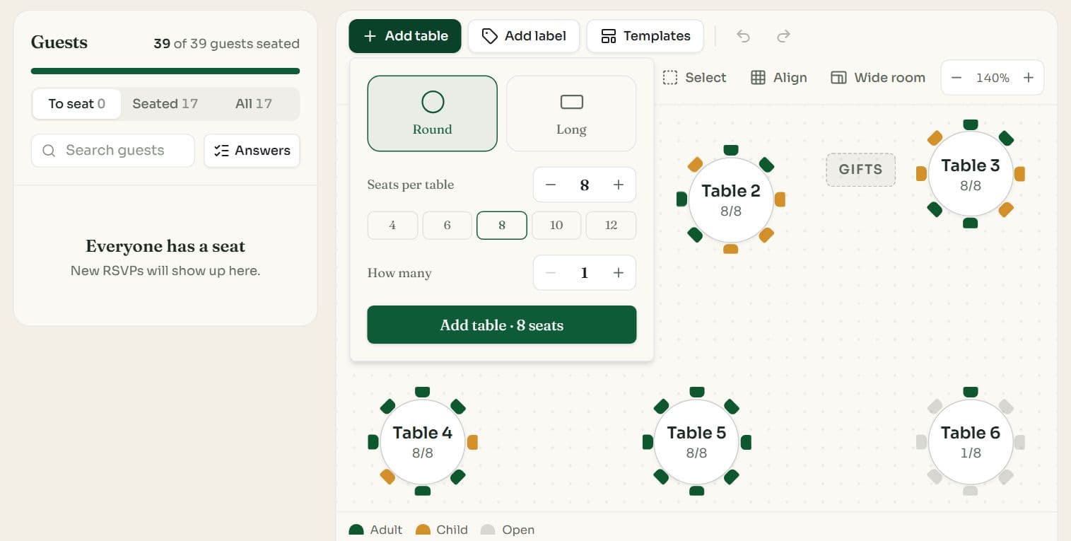 The Add table popover with Round and Long shapes, seats per table and how many tables to add
