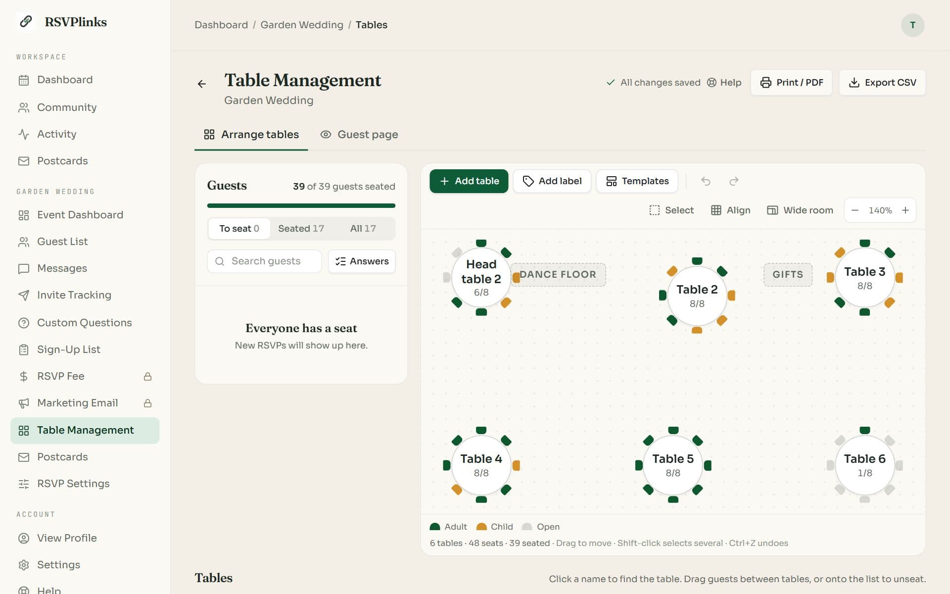 The seating editor with a Guests panel, Add table, Add label and Templates buttons, Align and room controls, and round tables on a canvas