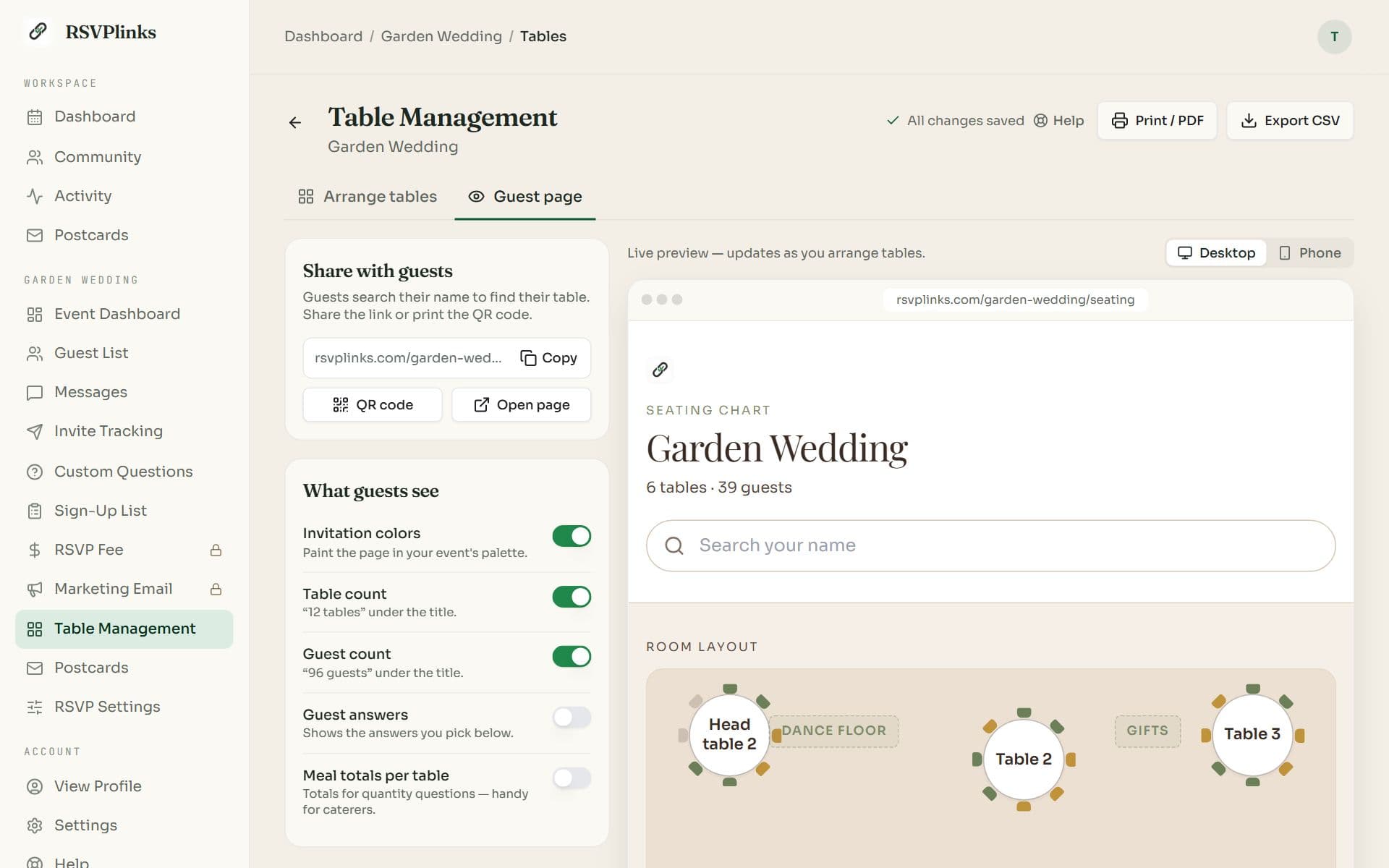 The Guest page tab with a share link, QR code and Open page buttons, switches for what guests see and a live preview of the seating page