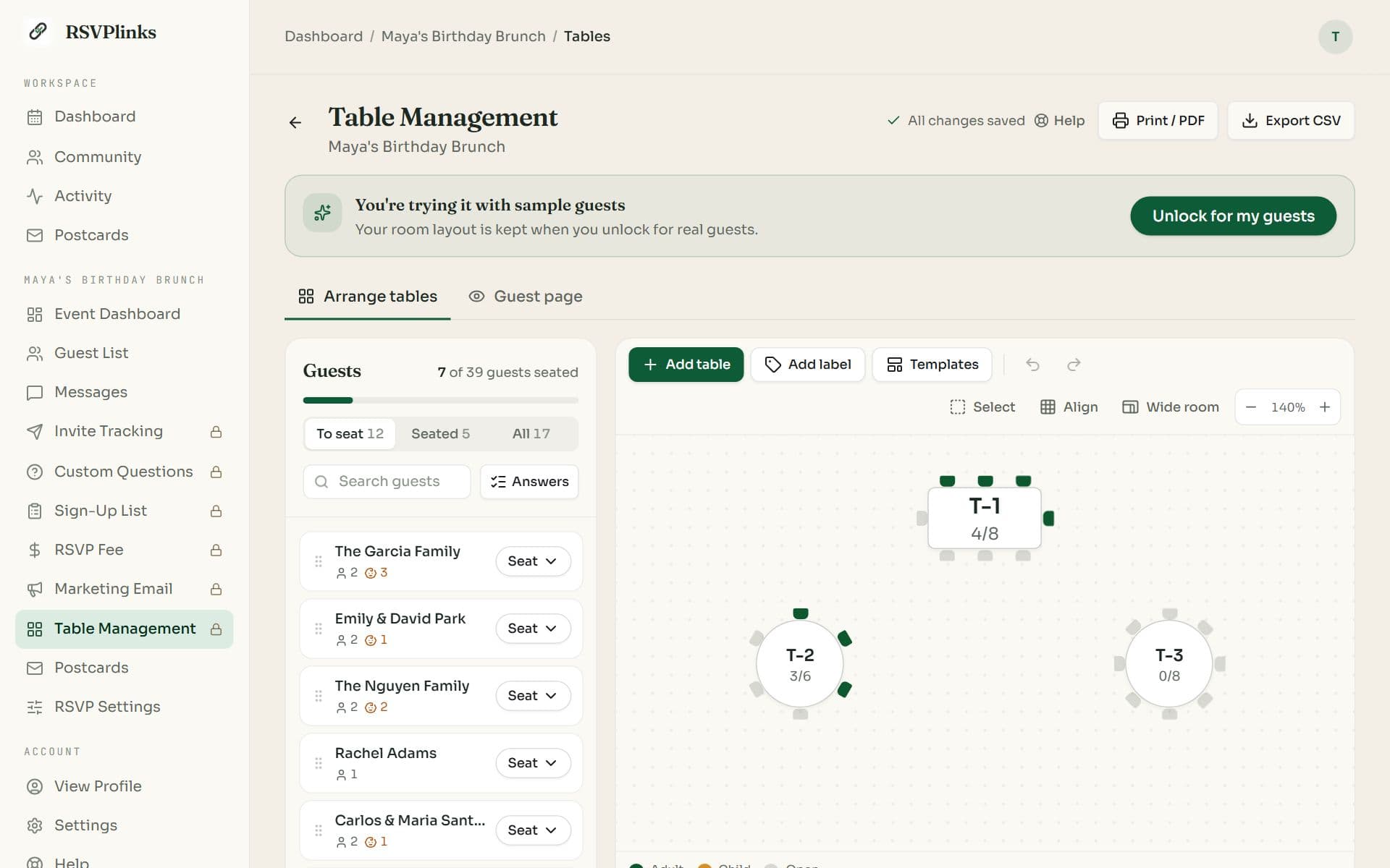Table Management in preview mode with a sample guests banner, an Unlock for my guests button, a To seat list and three tables on the canvas