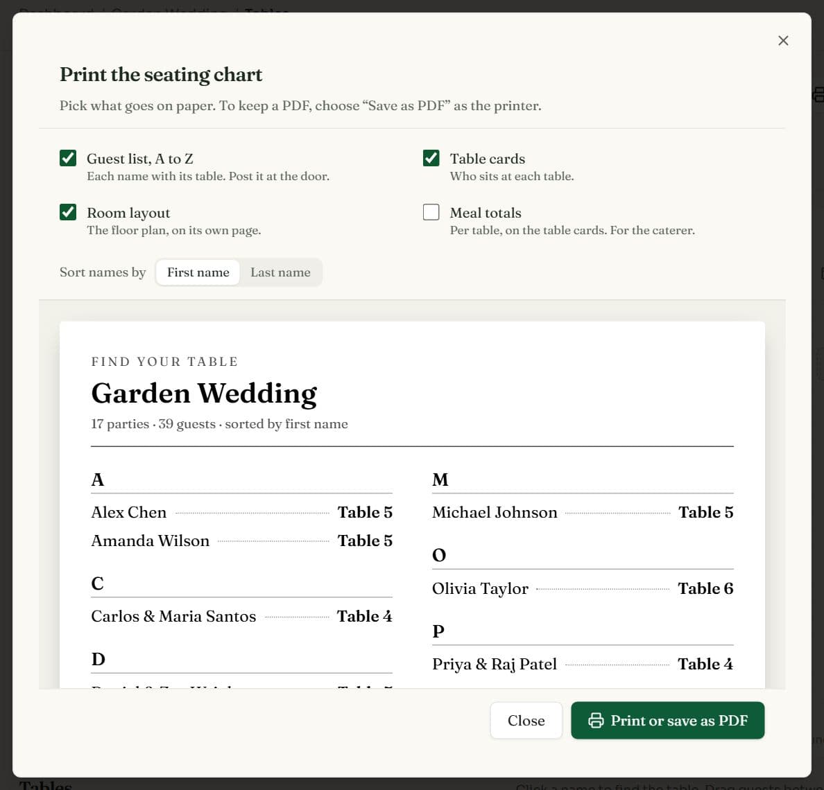 The Print the seating chart dialog with options for an A to Z guest list, table cards, room layout and meal totals, and a preview