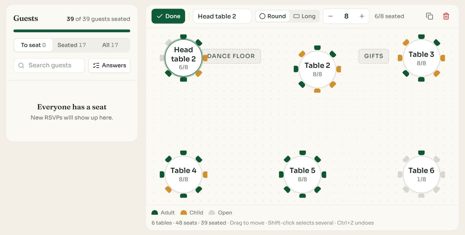 A selected table in the seating editor with its name field, Round and Long shape buttons, a seat counter and a seated count