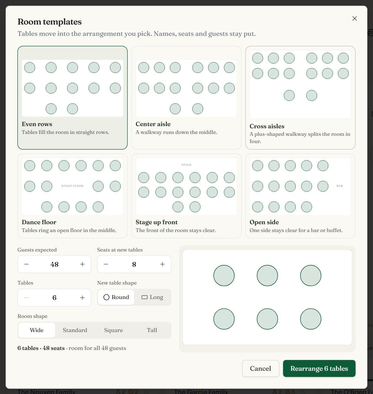 The Room templates dialog with arrangements: Even rows, Center aisle, Cross aisles, Dance floor, Stage up front and Open side