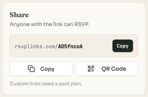 The Share card on an event dashboard with the event link, a Copy button and a QR Code button