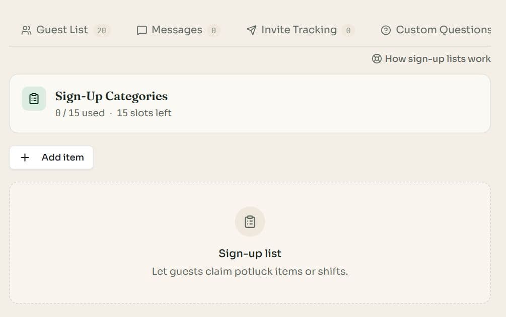 The Sign-Up List tab with zero of fifteen categories used and an Add item button